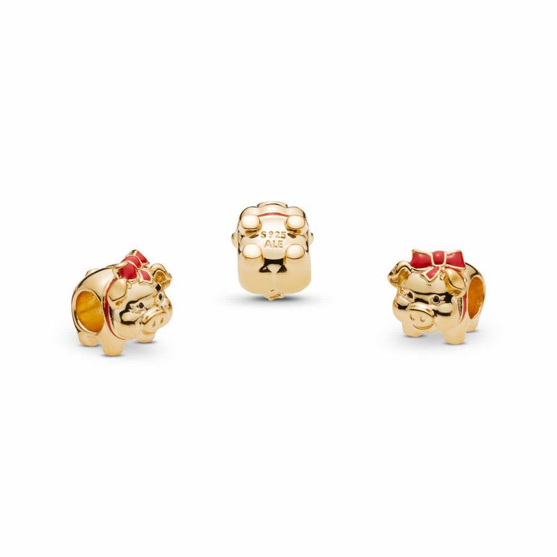 Pandora Shine™ Piggy Bank Charm Ireland - 18ct Gold Plated/Enamel/Black - 135097MYZ